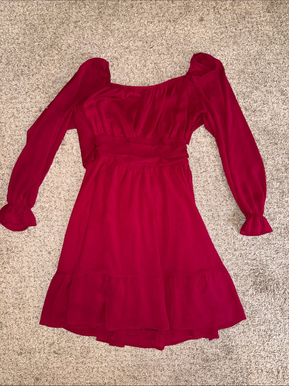 Women's Maroon Long-Sleeve Square Neck Summer Dress
